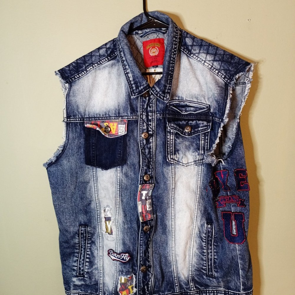 Born Fly Anytown USA Men's XL  Denim Vest Sleeveless Street Biker Wear